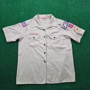 Boy Scouts Shirt Womens Blouse XL Top Beige Button Up Outdoors Camping Made USA